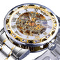 Men Skeleton Diamond Mechanical Watch - Luminous Pointer - Silver Belt Gold Shell White Face