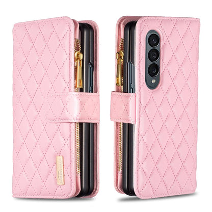 For Samsung Galaxy Z Fold4 5G Leather Zip Wallet - Diamond Lattice Design - White