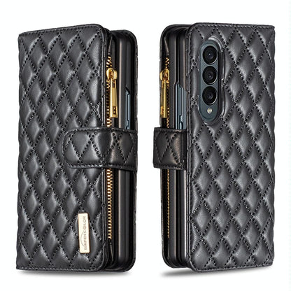 For Samsung Galaxy Z Fold4 5G Leather Zip Wallet - Diamond Lattice Design - White