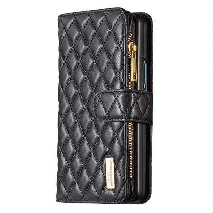 For Samsung Galaxy Z Fold4 5G Leather Zip Wallet - Diamond Lattice Design - White