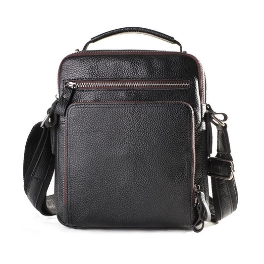 Men Large Capacity One Shoulder Leather Messenger Bag - Litchi Texture Black