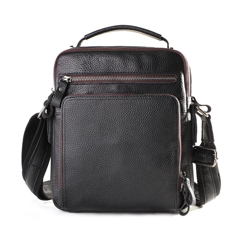 Men Large Capacity One Shoulder Leather Messenger Bag - Litchi Texture Black