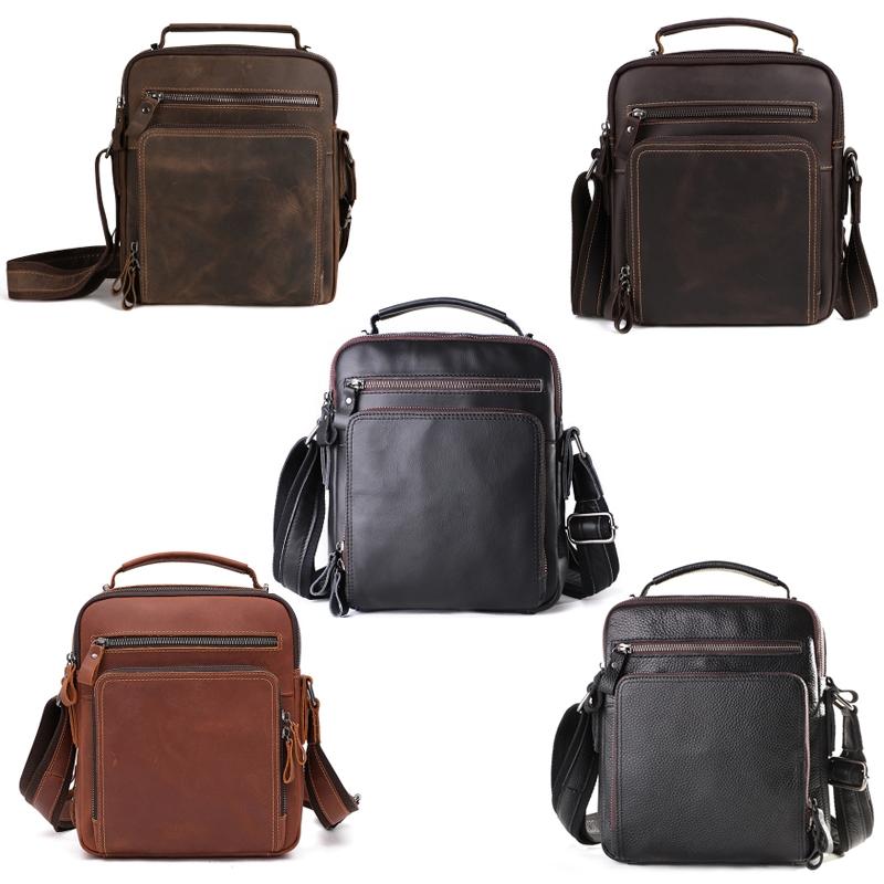 Men Large Capacity One Shoulder Leather Messenger Bag - Litchi Texture Black