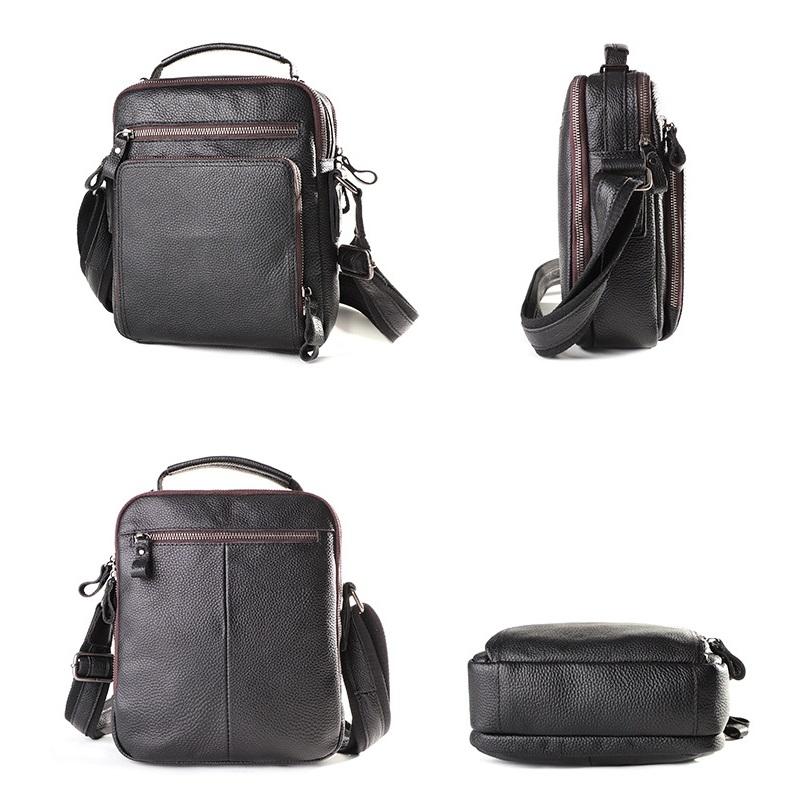 Men Large Capacity One Shoulder Leather Messenger Bag - Litchi Texture Black