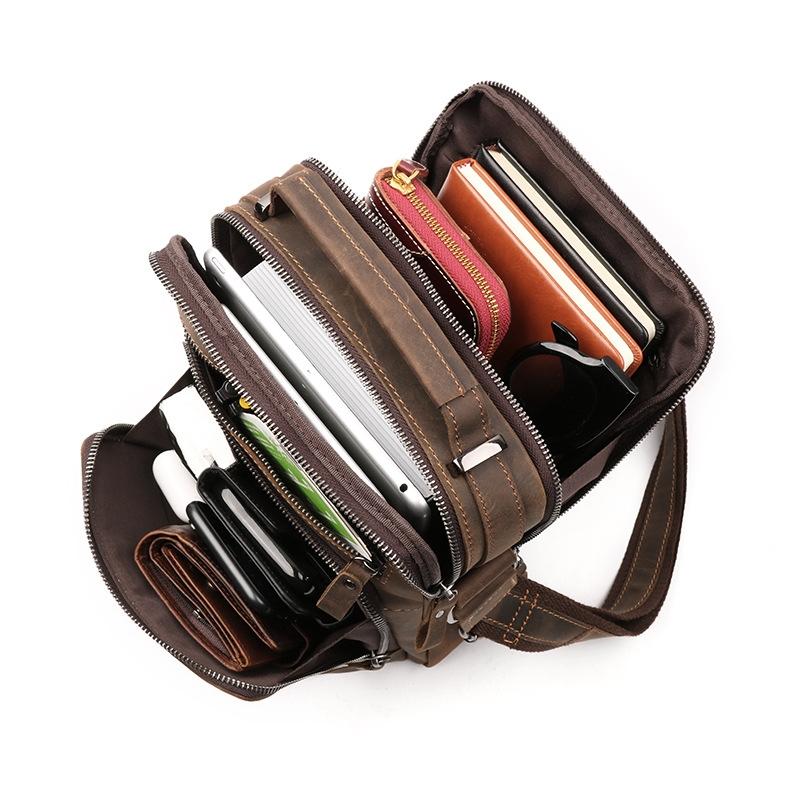 Men Large Capacity One Shoulder Leather Messenger Bag - Litchi Texture Black