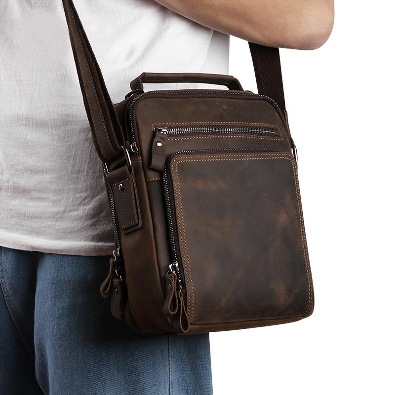 Men Large Capacity One Shoulder Leather Messenger Bag - Litchi Texture Black