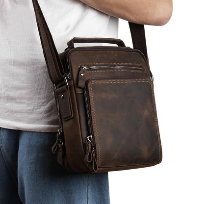 Men Large Capacity One Shoulder Leather Messenger Bag - Litchi Texture Black