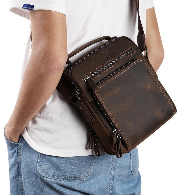 Men Large Capacity One Shoulder Leather Messenger Bag - Litchi Texture Black