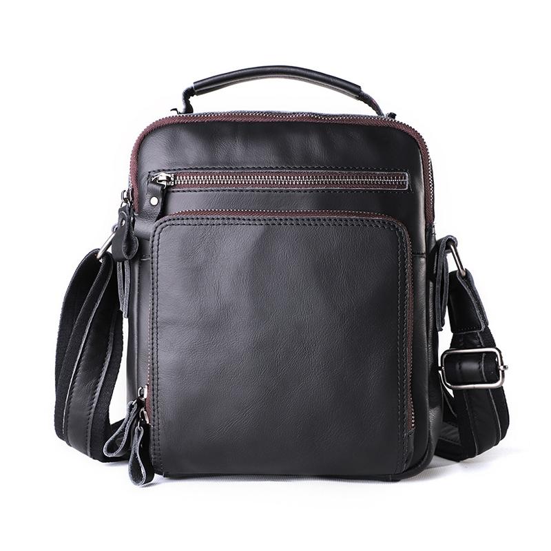Men Large Capacity One Shoulder Leather Messenger Bag - Litchi Texture Black