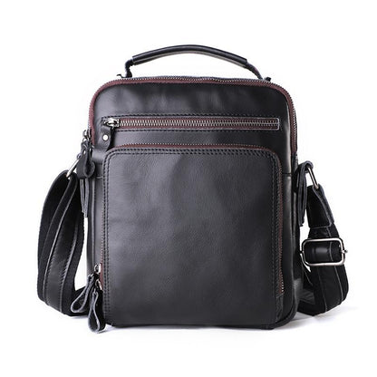 Men Large Capacity One Shoulder Leather Messenger Bag - Litchi Texture Black
