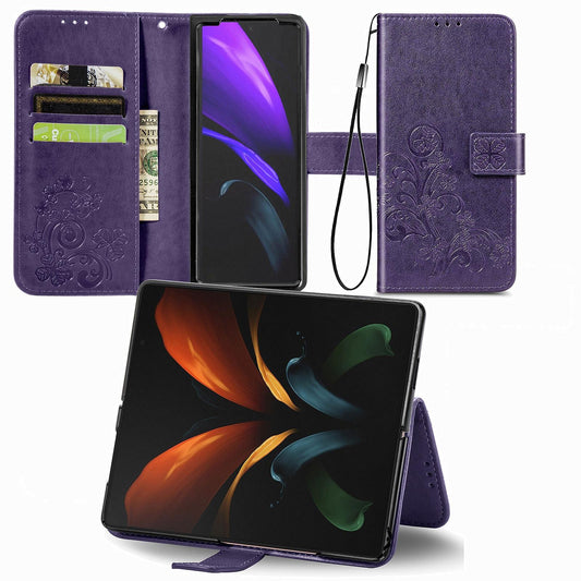 Embossed Leather Phone Case for Samsung Galaxy z Fold 4 with Four Leaf Clasp - Purple