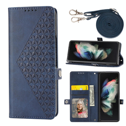 Leather Grid Texture Phone Case with Lanyard for Samsung Galaxy z Fold 4 - Blue