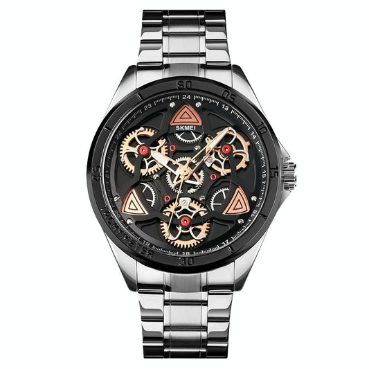Waterproof Men Quartz Watch with Rotatable Gear Dial - Silver Shell Black Surface