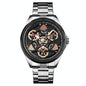 Waterproof Men Quartz Watch with Rotatable Gear Dial - Silver Shell Black Surface
