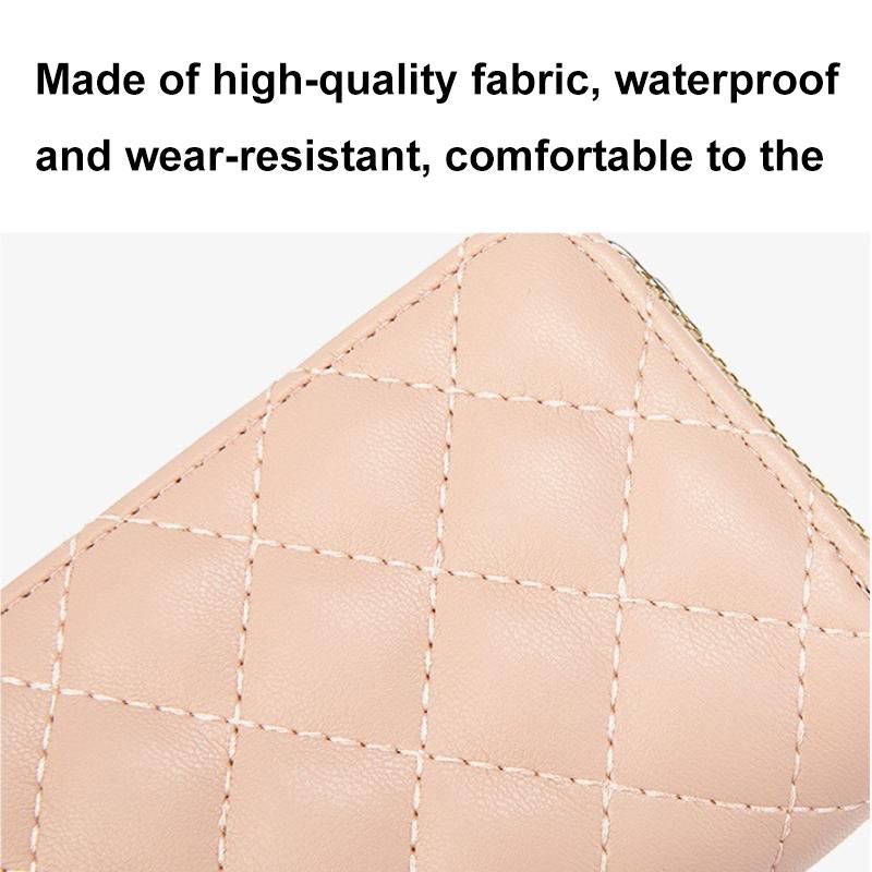 Double Layer Zipper Wallet Multi Card Slot Large Capacity Rhombus Design - Pink