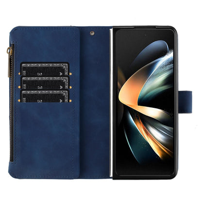 For Samsung Galaxy Z Fold4 5G Leather Zip Wallet With Rhombus Texture - Blue