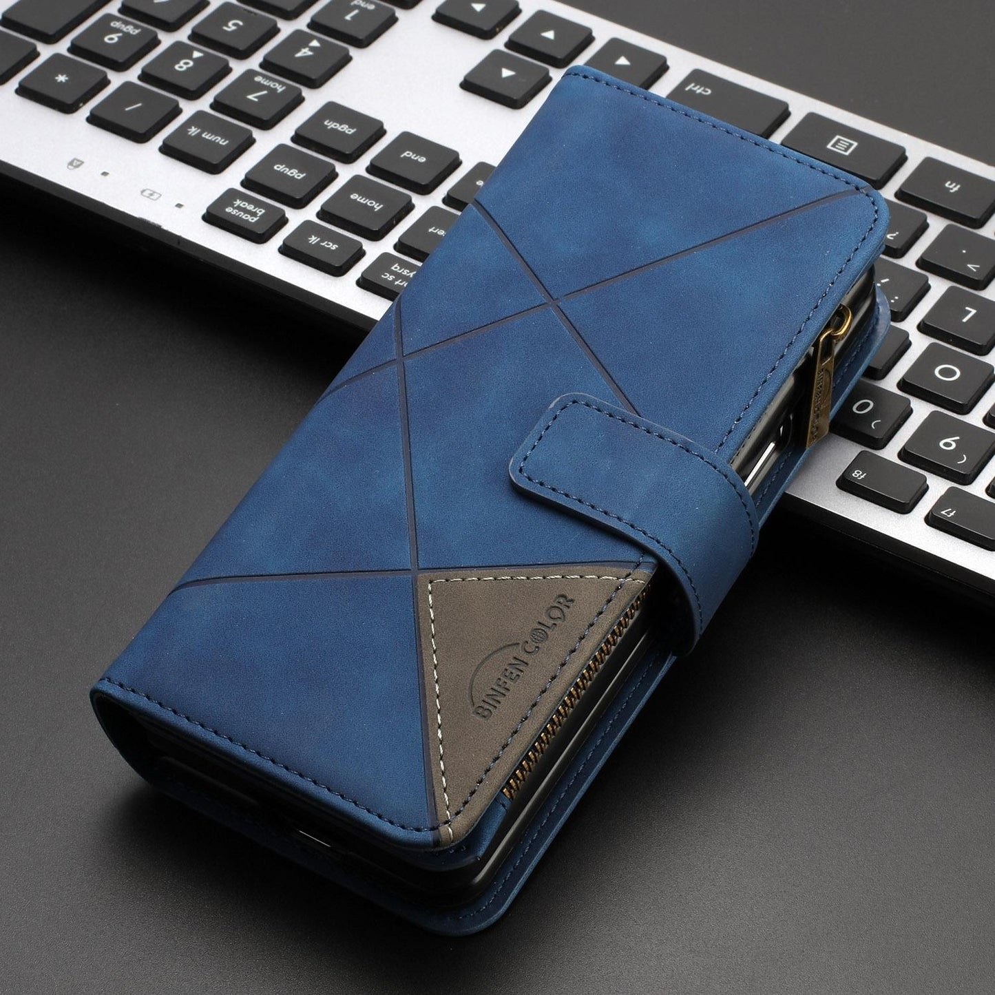 For Samsung Galaxy Z Fold4 5G Leather Zip Wallet With Rhombus Texture - Blue