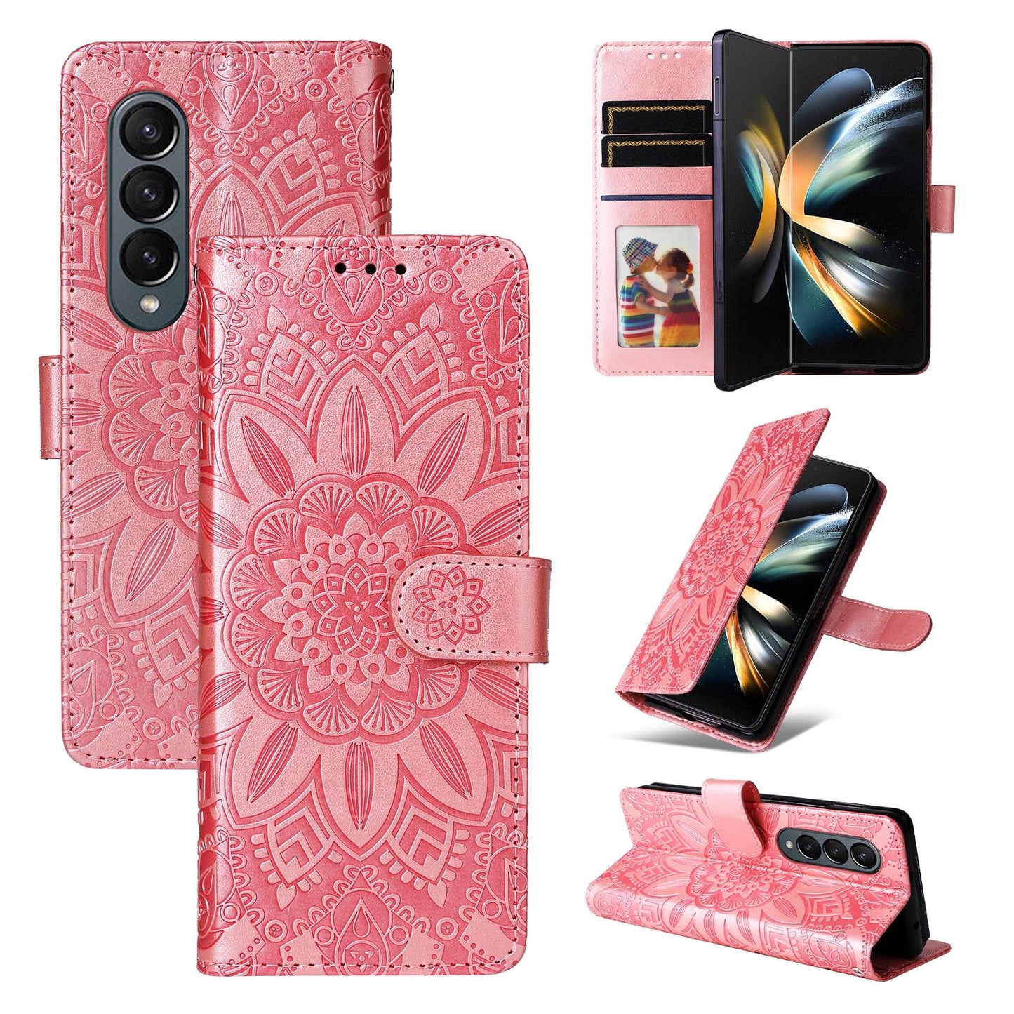 Sunflower Embossed Leather Phone Case for Samsung Galaxy z Fold 4 / 5g - Rose Gold