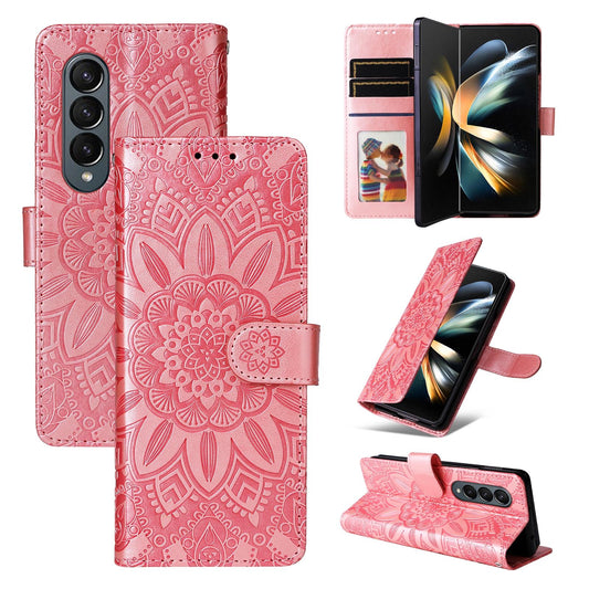 Sunflower Embossed Leather Phone Case for Samsung Galaxy z Fold 4 / 5g - Rose Gold