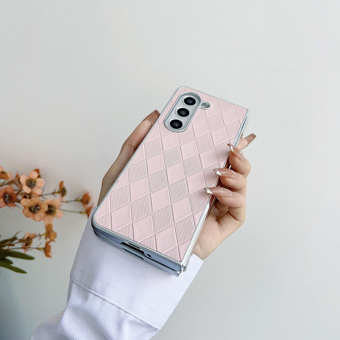For Samsung Galaxy Z Fold4 5G Checkered Leather Phone Case With Pearlescent Finish - Purple