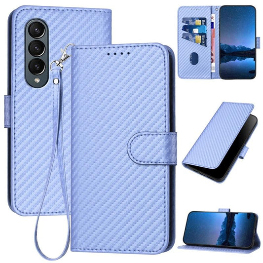 For Samsung Galaxy Z Fold4 5G Carbon Fiber Leather Phone Case With Lanyard - Light Purple