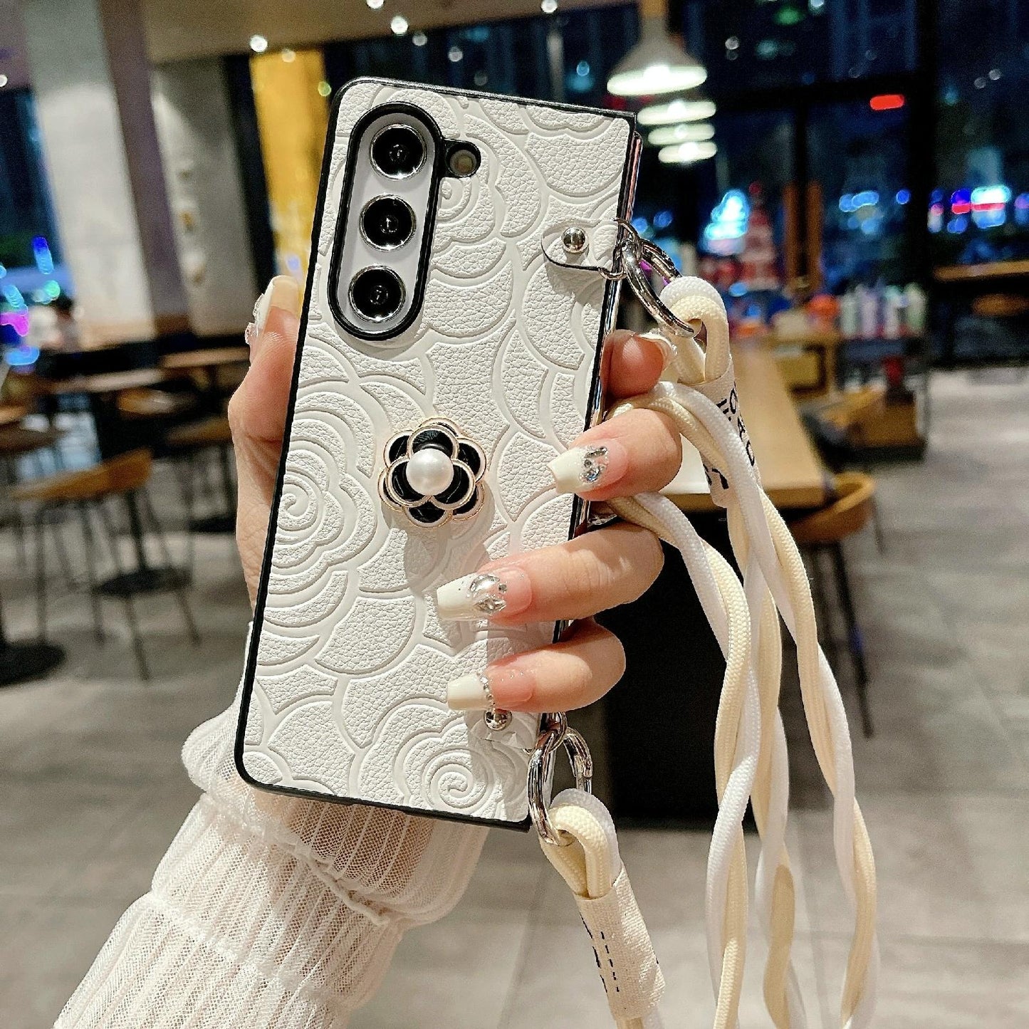 For Samsung Galaxy Z Fold4 5G Camellia Pattern Phone Case With Lanyard - Pink