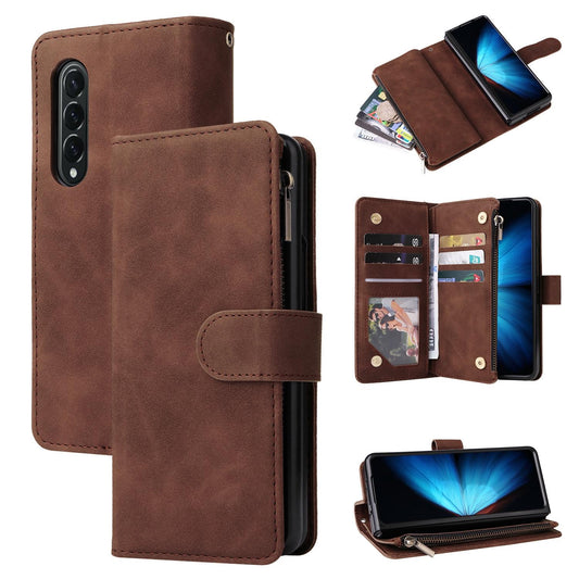 Frosted Leather Zip Wallet for Samsung Galaxy z Fold 4 - Compact and Stylish - Coffee
