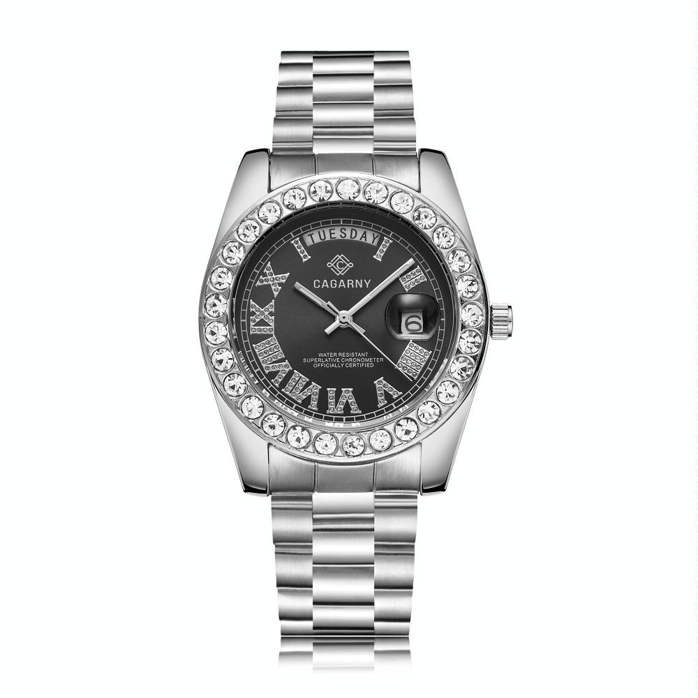 Men Quartz Watch With Diamond-Encrusted Roman Numeral Dial