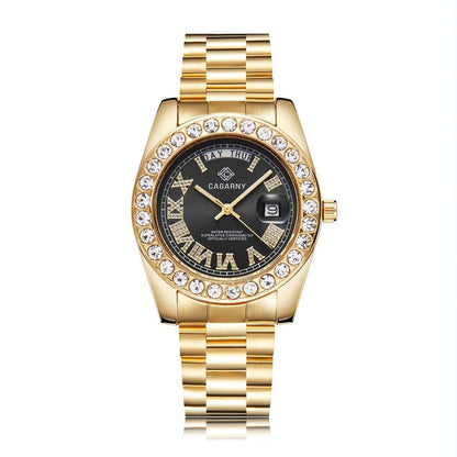 Men Quartz Watch With Diamond-Encrusted Roman Numeral Dial