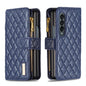 For Samsung Galaxy Z Fold4 5G Leather Zip Wallet - Diamond Lattice Design - Blue