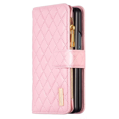 For Samsung Galaxy Z Fold4 5G Leather Zip Wallet - Diamond Lattice Design - Blue