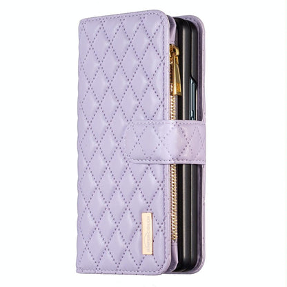 For Samsung Galaxy Z Fold4 5G Leather Zip Wallet - Diamond Lattice Design - Blue