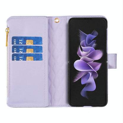 For Samsung Galaxy Z Fold4 5G Leather Zip Wallet - Diamond Lattice Design - Blue