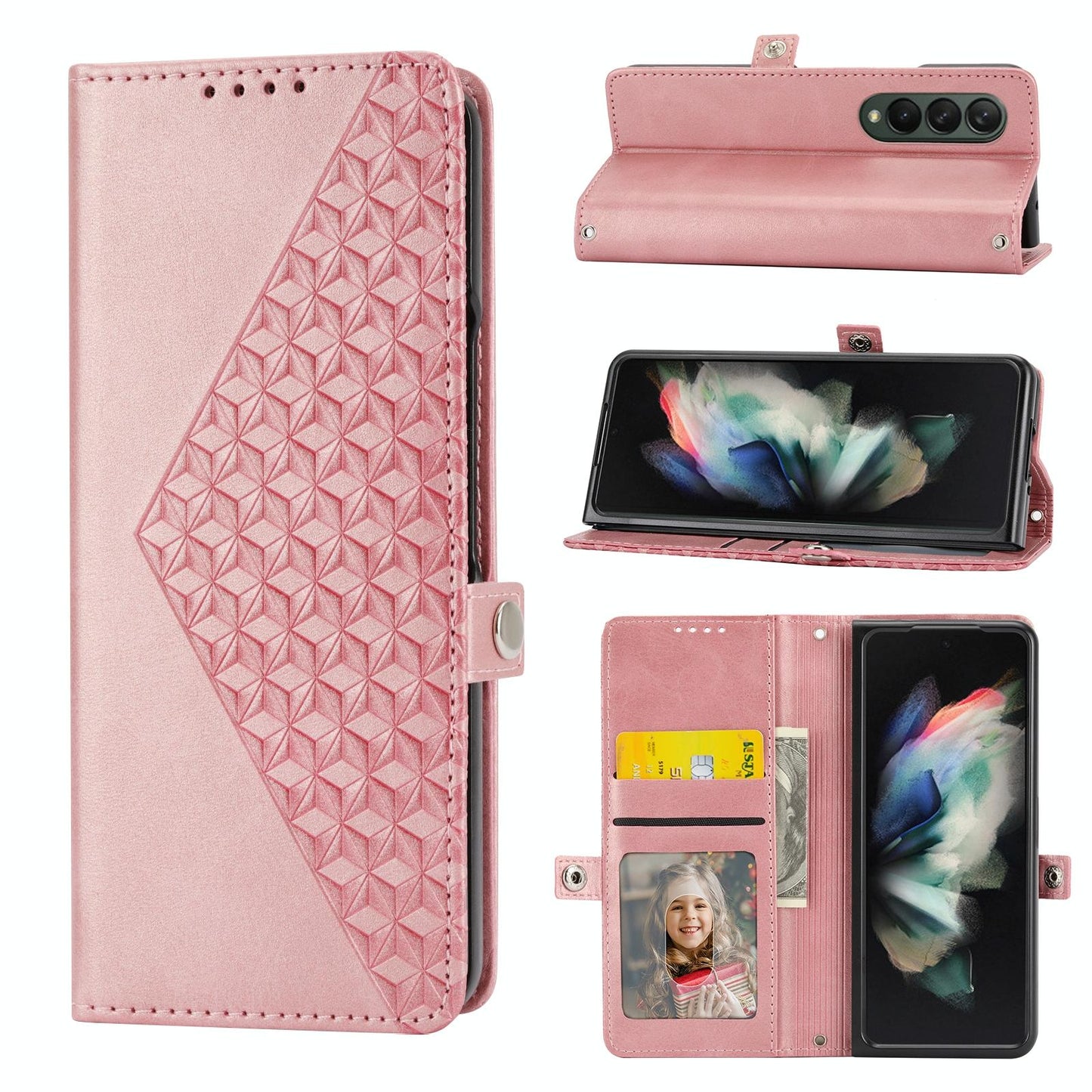 For Samsung Galaxy Z Fold4 5G Textured Leather Phone Case - Cubic Grid Design - Yellow