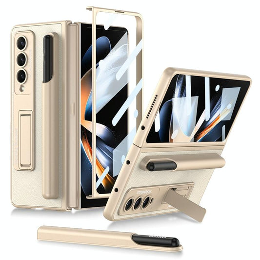 Leather Case with Holder & Pen Slots for Samsung Galaxy z Fold 4 - Thin & Shockproof - Gold