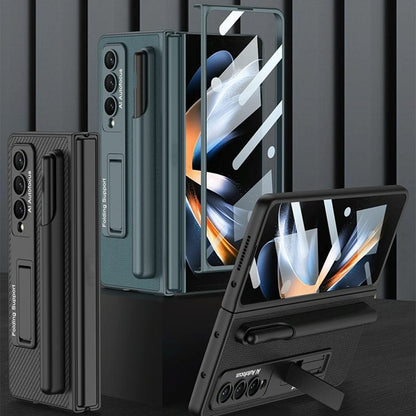 Leather Case with Holder & Pen Slots for Samsung Galaxy z Fold 4 - Thin & Shockproof - Gold
