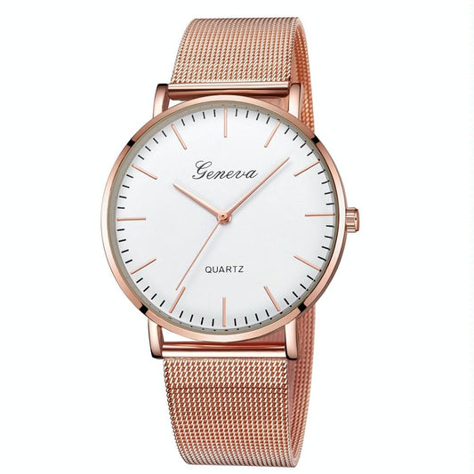 Stainless Steel Mesh Unisex Quartz Watch - Rose Gold White Dial Gold Needle