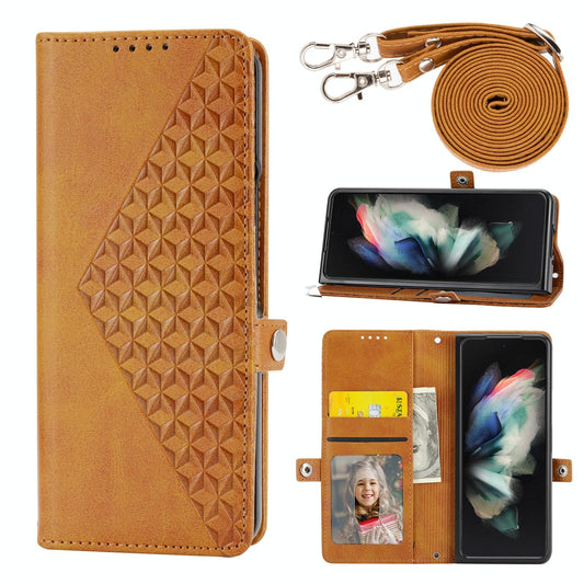 Leather Grid Texture Phone Case with Lanyard for Samsung Galaxy z Fold 4 - Yellow