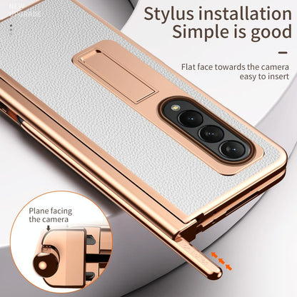 Premium Litchi Leather Hinged Phone Case for Samsung Galaxy z Fold 4 - with Pen - White