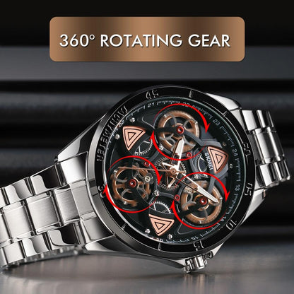 Waterproof Men Quartz Watch with Rotatable Gear Dial - Silver Shell Blue Surface