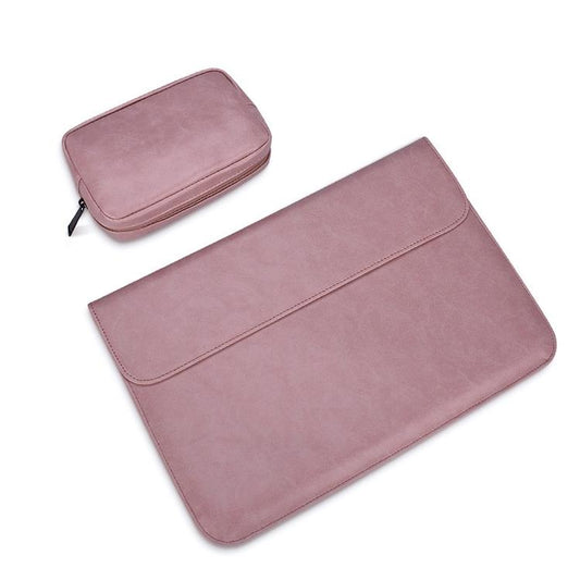 14.1 Inch Laptop Inner Bag with Magnetic Buckle and Small Bag - Pink Leather