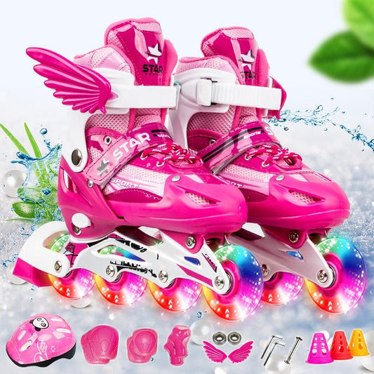 Adjustable Kids Roller Skates Set - Single Flash Wheels - Size S - Pink