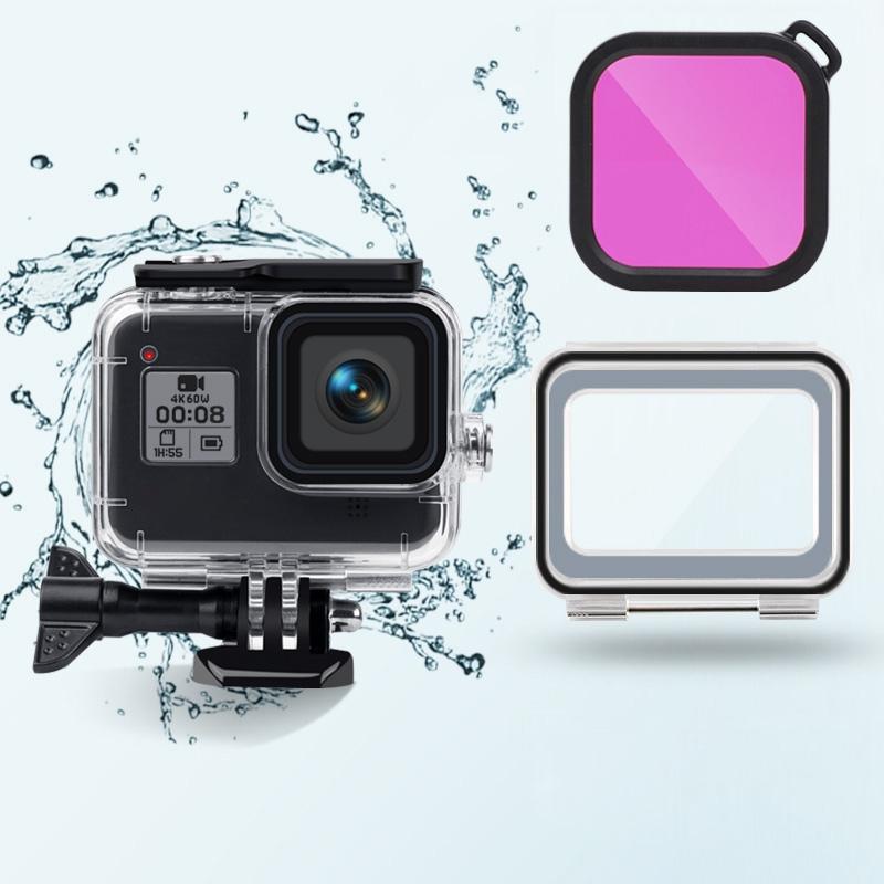 Waterproof Case for Gopro Hero8 with Touch Back Cover and Colour Lens Filter - 45m - Pink