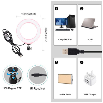 Dimmable 6.2 Usb Rgbw Led Ring Light with Cold Shoe Tripod & Remote - Pink