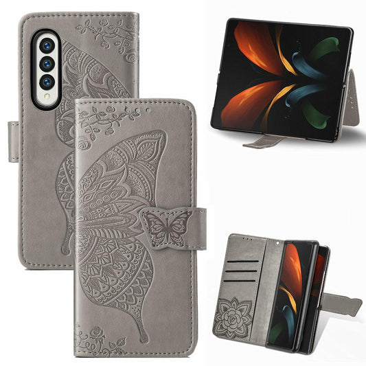 Embossed Butterfly Love Leather Case for Samsung Galaxy z Fold 4 - Flower Design - Gray