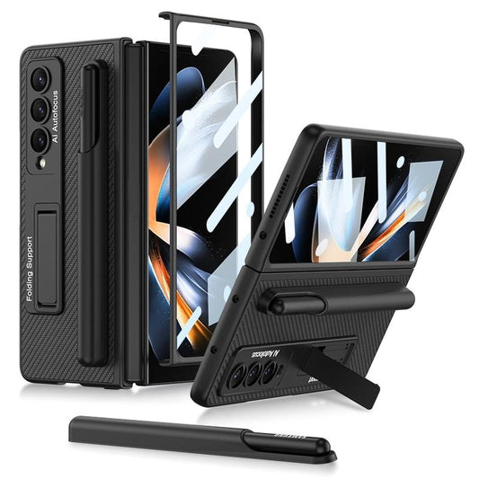 Leather Case with Holder & Pen Slots for Samsung Galaxy z Fold 4 - Thin & Shockproof - Cross Texture