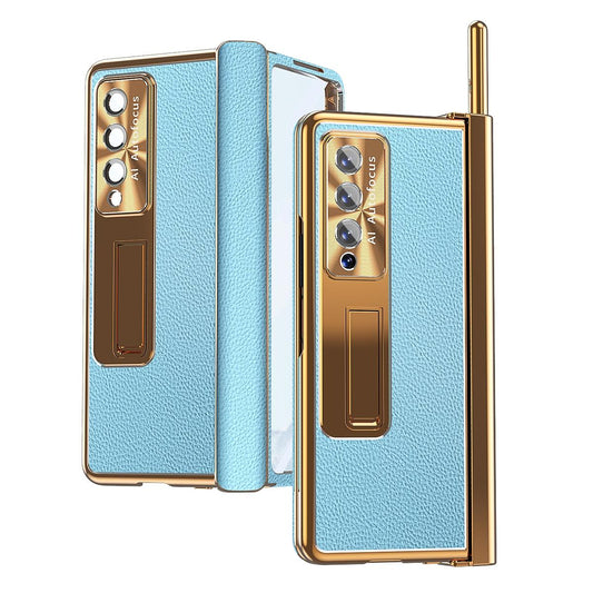 Shockproof Magnetic Litchi Pattern Phone Case for Samsung Galaxy z Fold 4 - Blue Gold