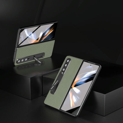 For Samsung Galaxy Z Fold4 5G Carbon Fiber Phone Case With Holder - Black