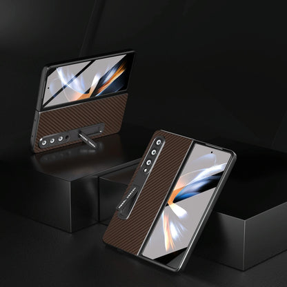 For Samsung Galaxy Z Fold4 5G Carbon Fiber Phone Case With Holder - Black