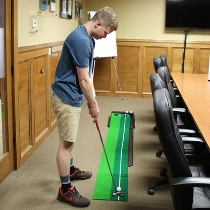 2.5M Golf Mini Putting Mat With Push Rod Trainer - Fairway Green